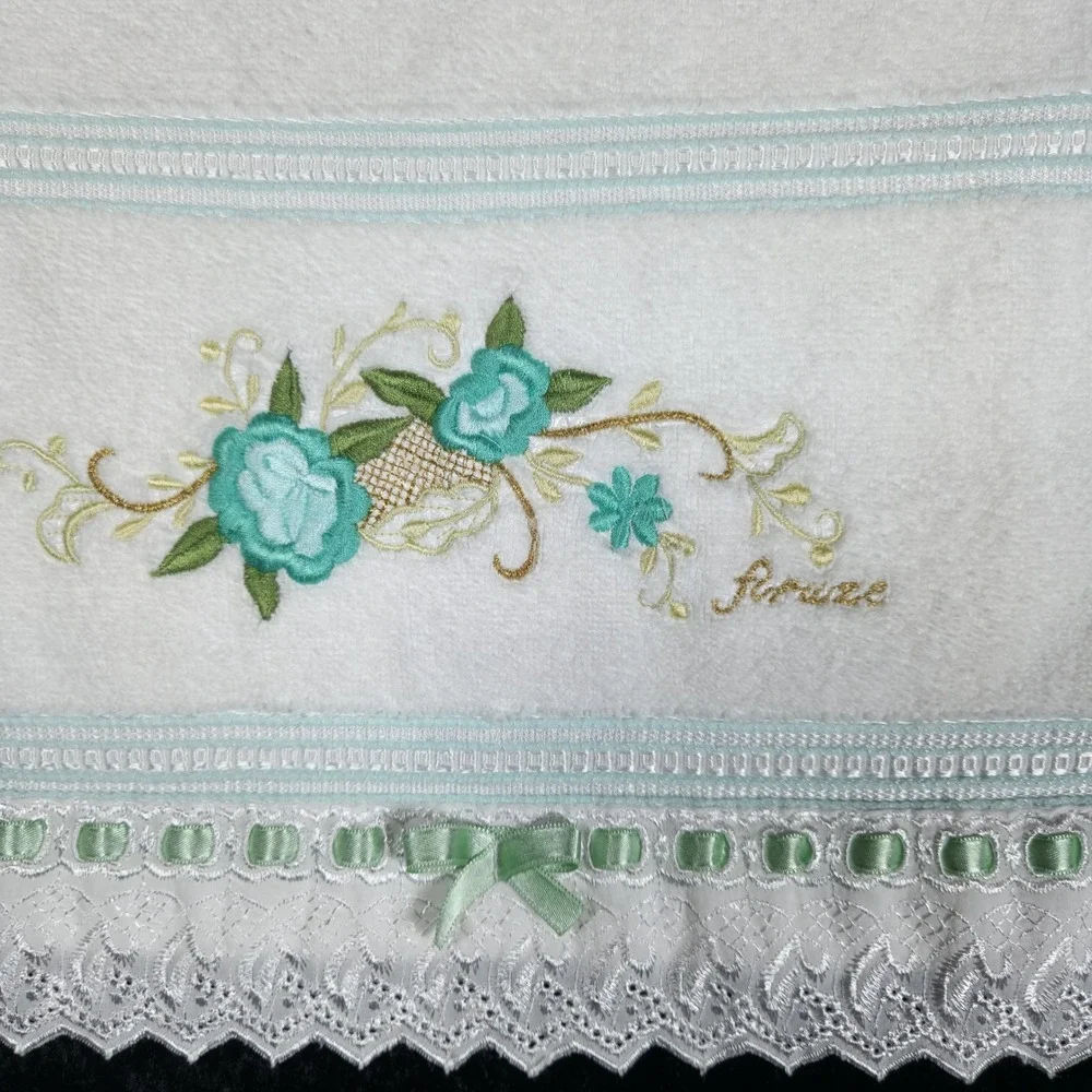 Set VTG Firuze Turkish White Cotton Hand Towel Teal Floral Embroidered Lace Bow